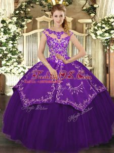 Spectacular Scoop Cap Sleeves Quinceanera Gown Floor Length Beading and Embroidery Purple Satin and Tulle