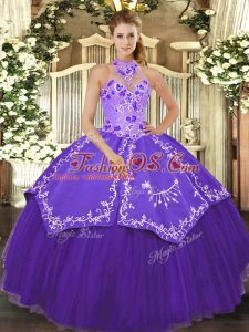 Attractive Halter Top Sleeveless Quinceanera Gowns Floor Length Beading and Embroidery Purple Satin and Tulle