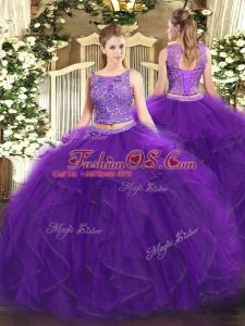 Affordable Purple Two Pieces Tulle Scoop Sleeveless Beading and Ruffles Floor Length Lace Up Vestidos de Quinceanera