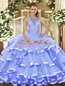 Blue Sleeveless Organza Lace Up 15th Birthday Dress for Military Ball and Sweet 16 and Quinceanera