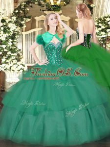 Customized Turquoise Lace Up Ball Gown Prom Dress Beading and Ruffled Layers Sleeveless Floor Length