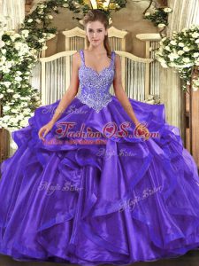 Noble Purple Lace Up 15th Birthday Dress Beading and Ruffles Sleeveless Floor Length