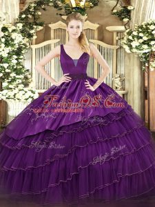 Purple Sleeveless Organza and Taffeta Zipper Sweet 16 Dress for Military Ball and Sweet 16 and Quinceanera