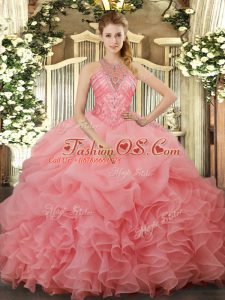 Simple Watermelon Red Sleeveless Floor Length Beading and Ruffles and Pick Ups Lace Up Quinceanera Dress