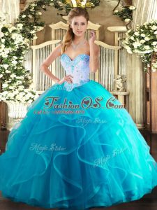 Aqua Blue Tulle Lace Up Sweetheart Sleeveless Floor Length Quince Ball Gowns Beading and Ruffles