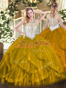 Dynamic Floor Length Brown Quinceanera Dresses Tulle Sleeveless Beading and Ruffles