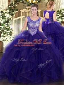 Smart Purple Ball Gowns Scoop Sleeveless Organza and Tulle Floor Length Lace Up Beading and Ruffles Sweet 16 Dress