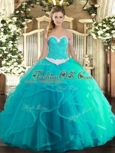 High Class Appliques and Ruffles Quinceanera Dress Turquoise Lace Up Sleeveless Floor Length