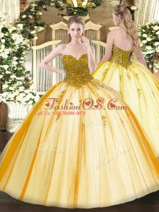 Gold Tulle Lace Up Sweetheart Sleeveless Floor Length Sweet 16 Dresses Beading