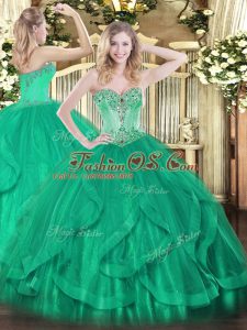Floor Length Lace Up Quinceanera Gown Turquoise for Sweet 16 and Quinceanera with Beading and Ruffles
