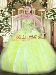 Hot Selling Sleeveless Floor Length Appliques and Ruffles Lace Up Quinceanera Gowns with Yellow Green