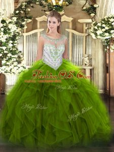Cheap Green Ball Gowns Beading and Ruffles Sweet 16 Quinceanera Dress Zipper Tulle Sleeveless Floor Length