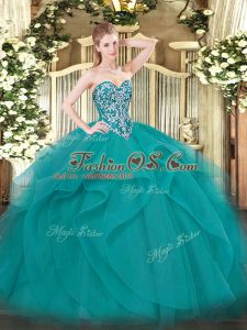 Teal Sweetheart Neckline Beading and Ruffles Ball Gown Prom Dress Sleeveless Lace Up