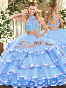 Sumptuous Floor Length Criss Cross 15 Quinceanera Dress Aqua Blue for Military Ball and Sweet 16 and Quinceanera with Beading and Ruffled Layers
