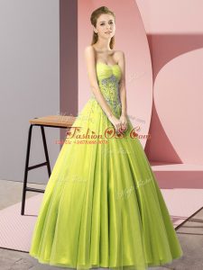 Sleeveless Tulle Floor Length Lace Up Prom Evening Gown in Yellow Green with Beading