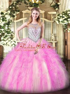 Tulle Scoop Sleeveless Zipper Beading and Ruffles 15 Quinceanera Dress in Lilac
