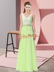 Yellow Green Empire Chiffon V-neck Sleeveless Beading Floor Length Backless Prom Evening Gown