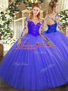 Dynamic Tulle Scoop Long Sleeves Lace Up Lace Ball Gown Prom Dress in Blue