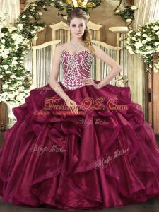 Sleeveless Organza Floor Length Lace Up Sweet 16 Dress in Wine Red with Beading and Ruffles
