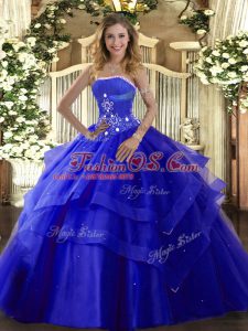 Royal Blue Ball Gowns Tulle Strapless Sleeveless Beading and Ruffled Layers Floor Length Lace Up Quince Ball Gowns