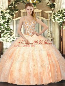Peach 15 Quinceanera Dress Sweet 16 and Quinceanera with Beading and Ruffles Straps Sleeveless Lace Up