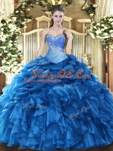 Blue Sleeveless Floor Length Beading and Ruffles and Pick Ups Lace Up Sweet 16 Dresses