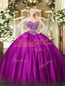 Amazing Fuchsia Ball Gowns Satin Sweetheart Sleeveless Beading Floor Length Lace Up 15th Birthday Dress
