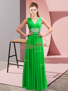 Hot Sale V-neck Sleeveless Prom Evening Gown Floor Length Beading and Ruching Green Chiffon