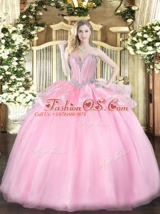 Chic Sweetheart Sleeveless 15 Quinceanera Dress Floor Length Beading Pink Organza