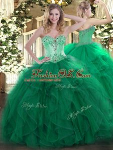 Nice Beading and Ruffles 15th Birthday Dress Dark Green Lace Up Sleeveless Floor Length