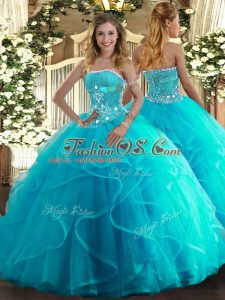 Discount Aqua Blue Sweet 16 Dress Military Ball and Sweet 16 and Quinceanera with Beading and Ruffles Strapless Sleeveless Lace Up