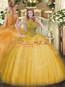Colorful Gold Ball Gowns Tulle Scoop Sleeveless Beading and Ruffles Floor Length Zipper 15th Birthday Dress
