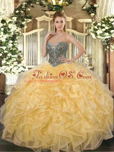 Ball Gowns Quinceanera Dresses Gold Sweetheart Organza Sleeveless Floor Length Lace Up