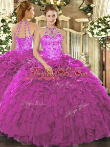 Amazing Fuchsia Organza Lace Up Halter Top Sleeveless Floor Length 15th Birthday Dress Beading and Embroidery and Ruffles