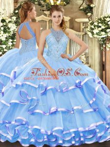Sleeveless Lace Up Floor Length Beading and Ruffled Layers Sweet 16 Dresses