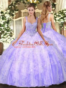 Custom Made Sleeveless Tulle Floor Length Lace Up 15th Birthday Dress in Lavender with Beading and Ruffles