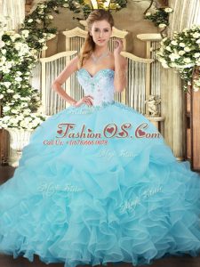 Aqua Blue Ball Gowns Organza Sweetheart Sleeveless Beading and Ruffles and Pick Ups Floor Length Lace Up Quinceanera Dresses
