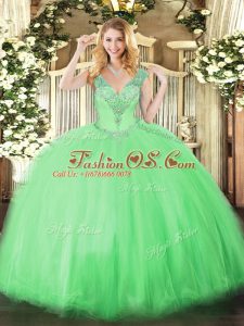 Dynamic V-neck Sleeveless Lace Up Quince Ball Gowns Apple Green Tulle