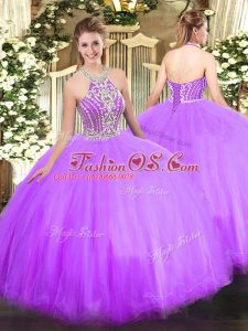 Comfortable Lilac Lace Up Halter Top Beading Quinceanera Gown Tulle Sleeveless