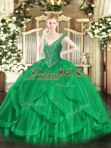 Deluxe Sleeveless Tulle Floor Length Lace Up Quinceanera Dress in Green with Beading and Ruffles