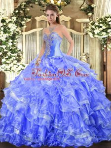 Top Selling Blue Lace Up Sweetheart Beading and Ruffled Layers Quince Ball Gowns Organza Sleeveless