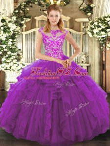 Cap Sleeves Floor Length Beading and Ruffles Lace Up Quinceanera Gown with Purple