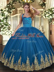 Floor Length Blue Quinceanera Dresses Tulle Sleeveless Appliques