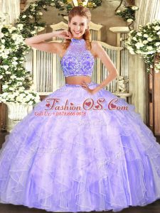 Vintage Two Pieces Quinceanera Gown Lavender Halter Top Tulle Sleeveless Floor Length Criss Cross