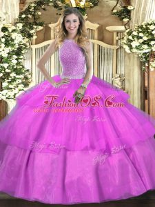 Lilac Lace Up High-neck Beading and Ruffled Layers Quince Ball Gowns Tulle Sleeveless