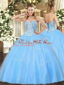 Floor Length Lace Up Quinceanera Gowns Aqua Blue for Military Ball and Sweet 16 and Quinceanera with Beading