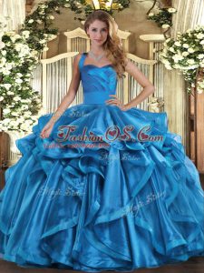 Baby Blue Sleeveless Organza Lace Up Ball Gown Prom Dress for Military Ball and Sweet 16 and Quinceanera