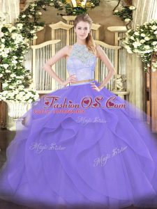 Decent Two Pieces Ball Gown Prom Dress Lavender Scoop Tulle Sleeveless Floor Length Zipper
