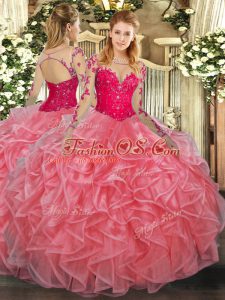 Spectacular Watermelon Red Ball Gowns Lace and Ruffles Vestidos de Quinceanera Lace Up Organza Long Sleeves Floor Length