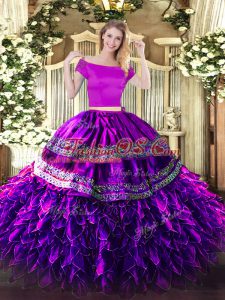Graceful Eggplant Purple Zipper Off The Shoulder Embroidery and Ruffles Quinceanera Dress Organza and Taffeta Short Sleeves